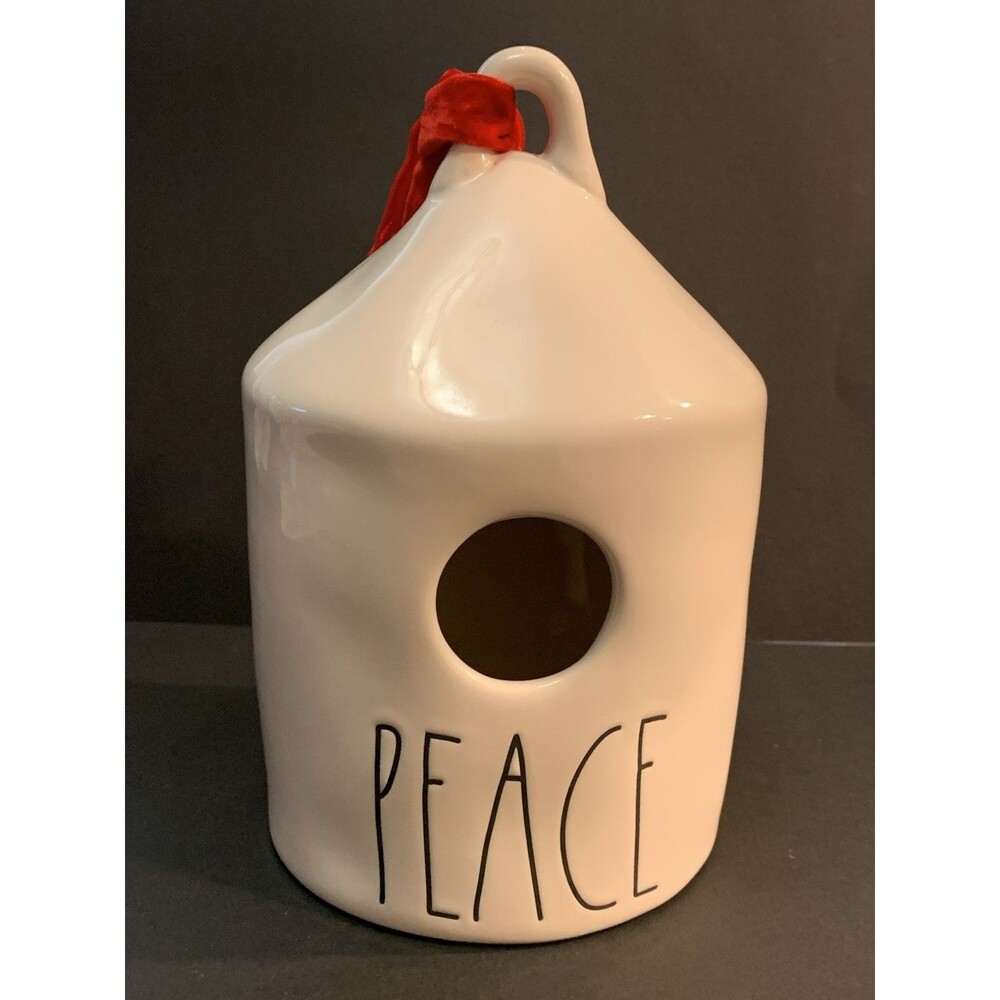 Rae Dunn Peace Birdhouse Home Garden Decor Ceramic Red Ribbon Artisan Collection